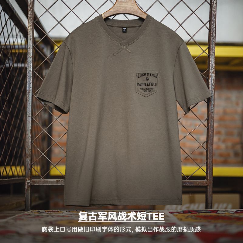13614712.马登美式复古军事风口袋T恤螺纹领口体能训练硬汉短袖男夏季服饰