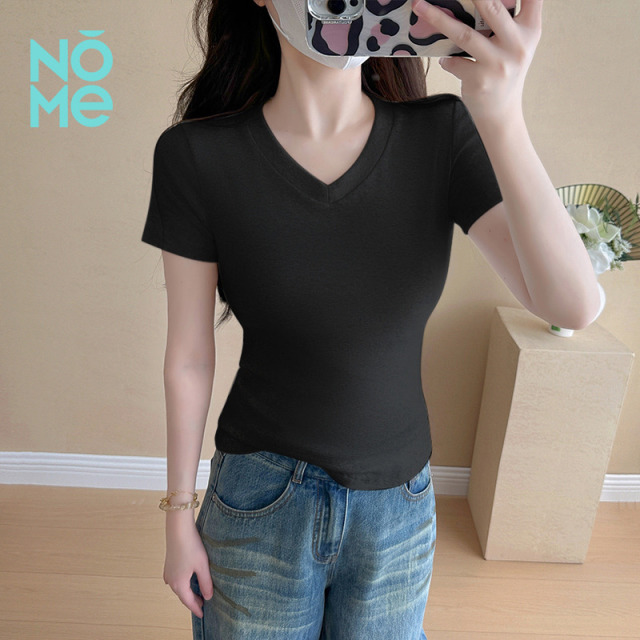 13521100.NOME新款修身短袖T恤女夏季新款V领圆领两穿收腰显瘦百搭短款上衣