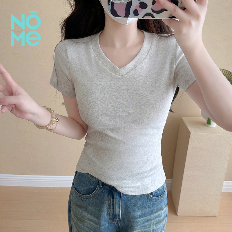 13521100.NOME新款修身短袖T恤女夏季新款V领圆领两穿收腰显瘦百搭短款上衣