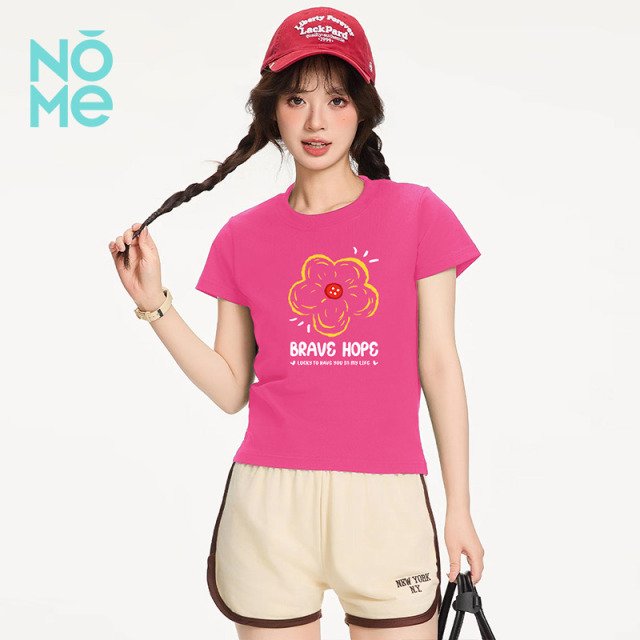 13531261.NOME爆款元气花朵印花圆领短袖T恤女夏季新款修身显瘦亲肤透气百搭短款上衣