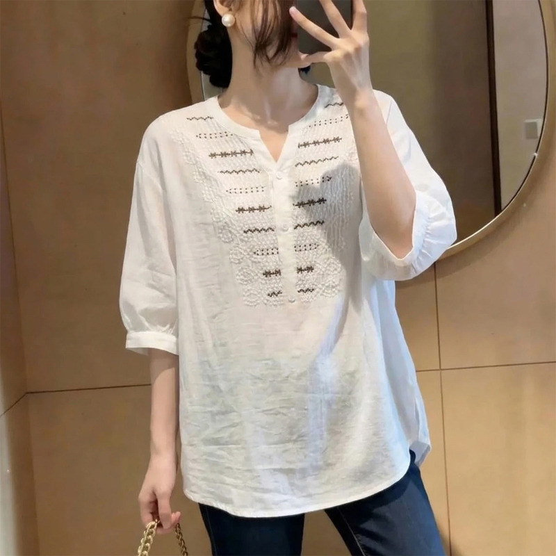 13460918.初云紫衣春夏装 女法式刺绣正肩短袖T恤百搭宽松显瘦洋气上衣7588