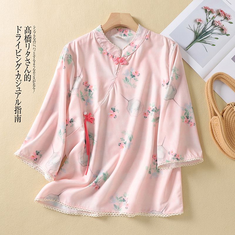13459183.初云紫衣春夏装 女娃娃衫上衣花边复古斜门襟系带盘扣碎花中袖衬衫1188