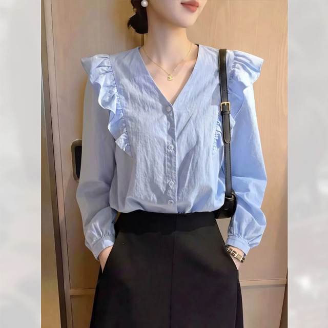 13675787.初云紫衣春秋装 女时尚百搭小衫法式小众宽松长袖衬衫上衣8579