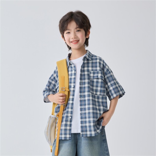 13692390.海妈家童装男童衬衫儿童夏季短袖格子衬衫2026新款男孩耐磨上衣