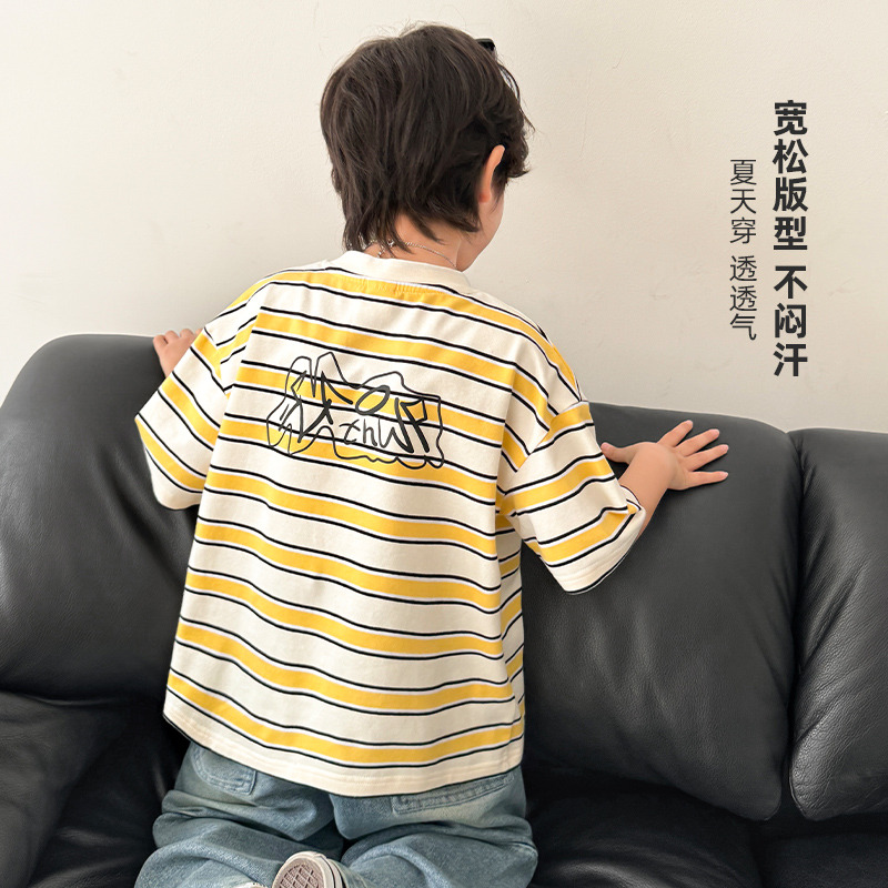 13692898.海妈家男童短袖t恤夏季薄款2026新款中大童童装半袖条纹男孩上衣