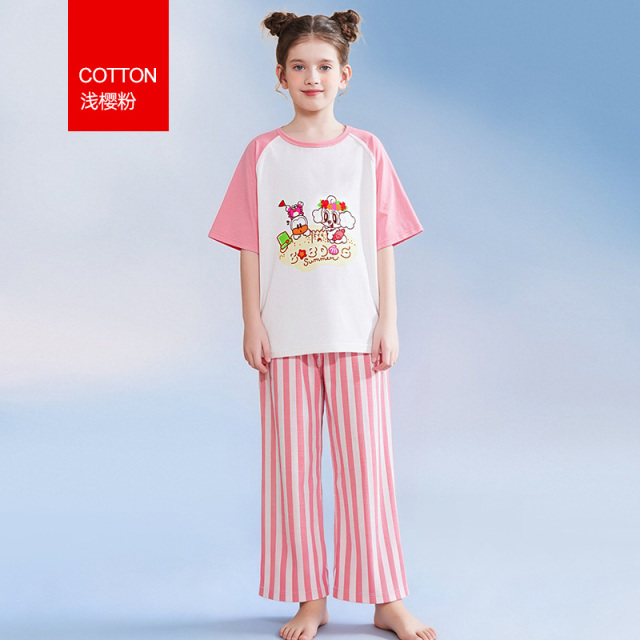 13333961.巴布豆女童睡衣纯棉短袖长裤中大童儿童家居服夏季薄款空调服女孩