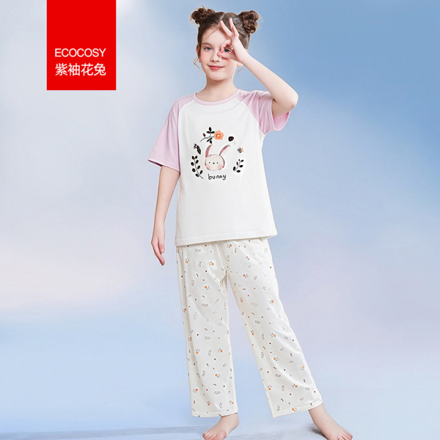 13338523.巴布豆女童睡衣莫代尔A类短袖长裤儿童家居服夏季薄款空调服女孩