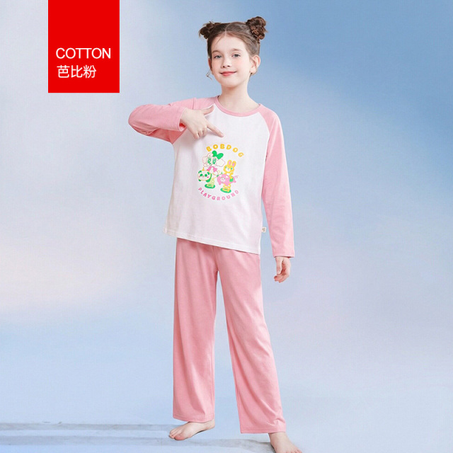13338588.巴布豆女童睡衣纯棉春秋长袖中大童家居服套装夏季薄款空调服女孩
