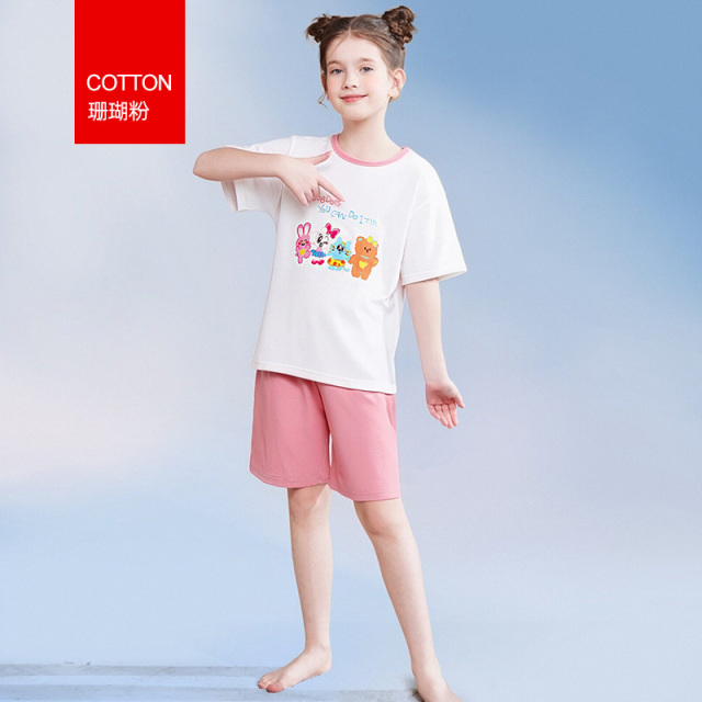 13338816.巴布豆女童睡衣纯棉短袖短裤套装儿童家居服夏季薄款空调服女孩夏