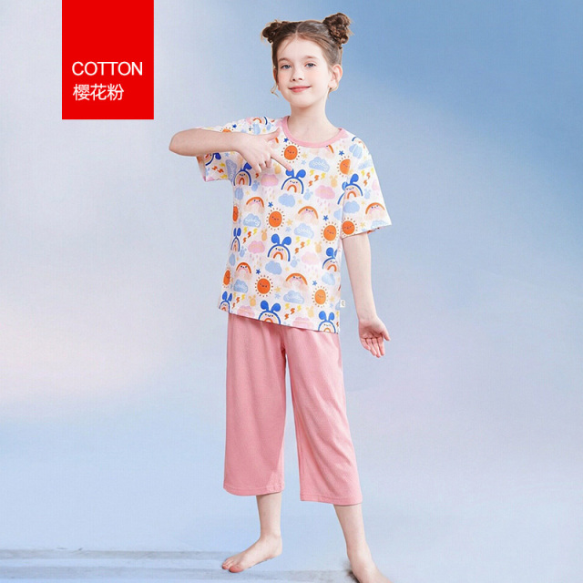 13338550.巴布豆女童睡衣纯棉网孔透气夏季薄款家居服套装短袖女孩空调服夏