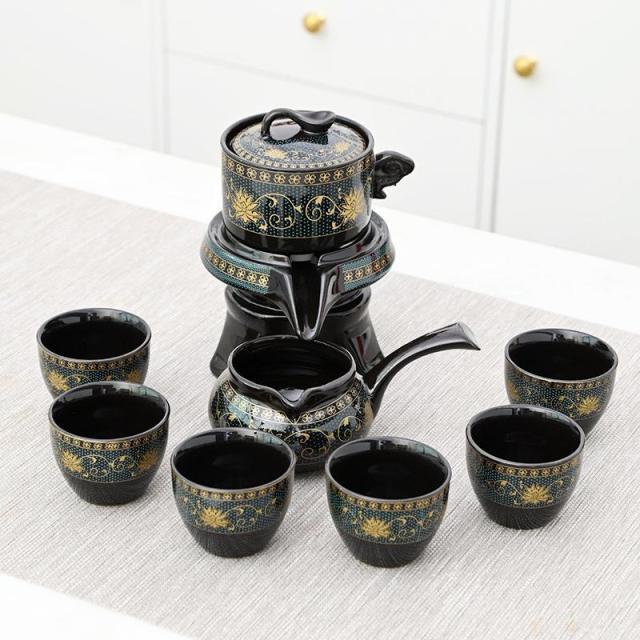 13435429.懒人泡沫茶具陶瓷黑色自动套装石磨暗香泡茶器