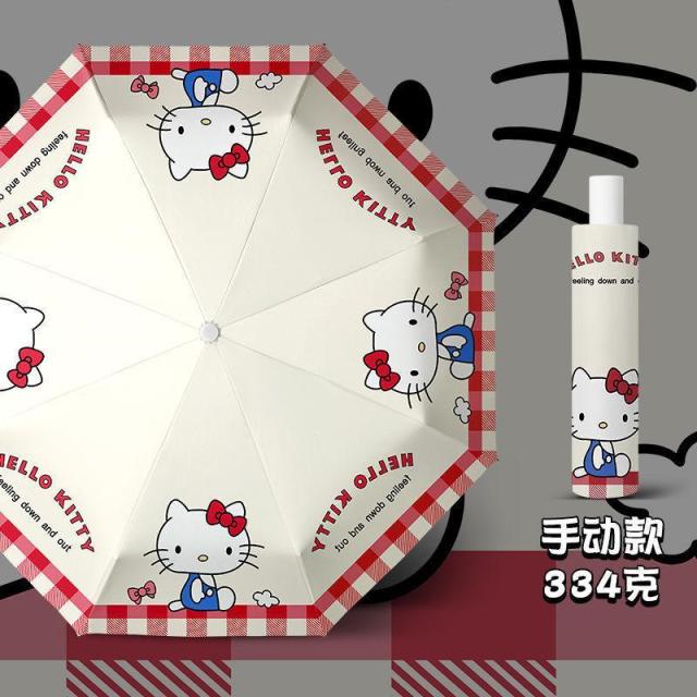 13452061.红色格纹猫猫卡通款雨伞三折八骨折叠自动伞防紫外线黑胶遮阳伞
