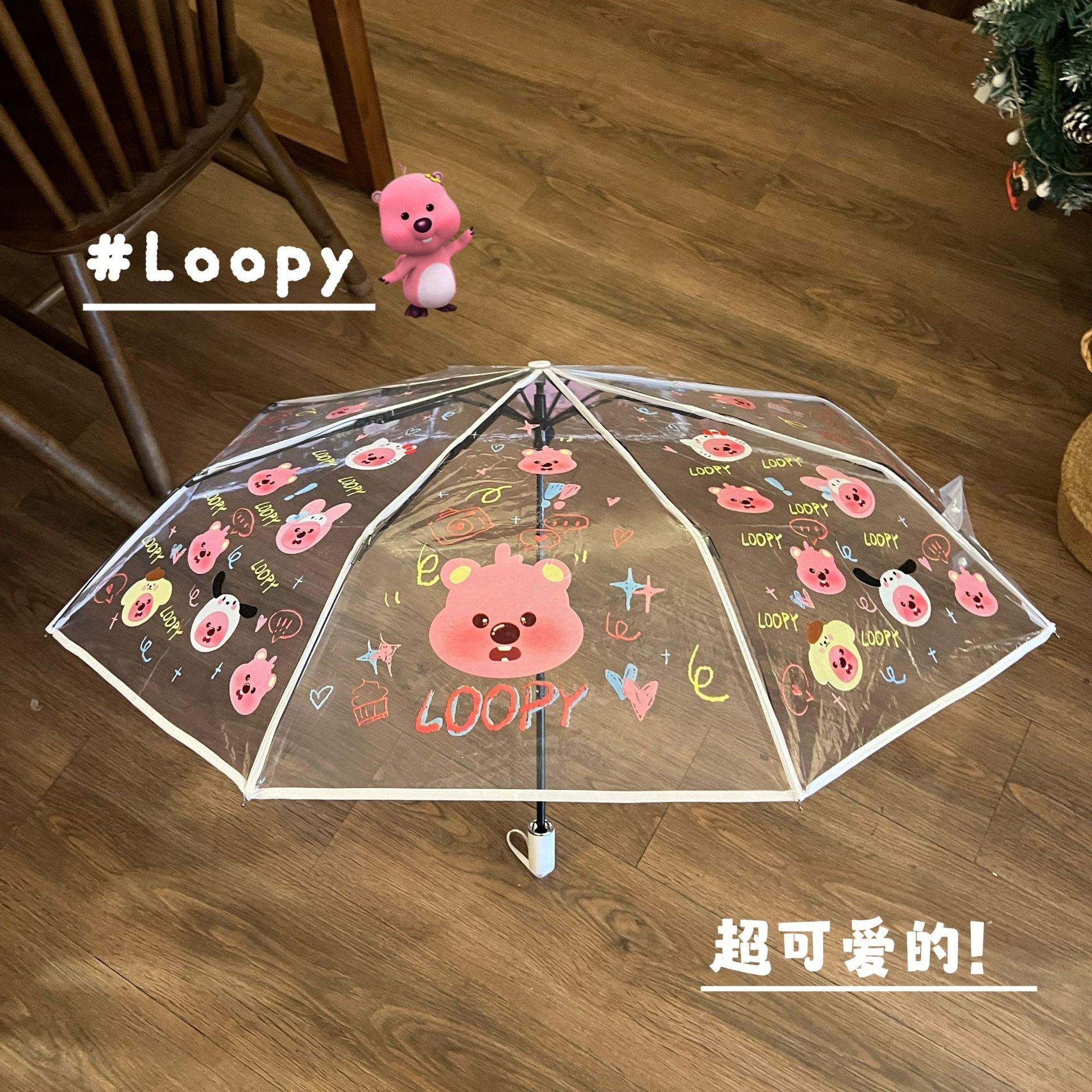 13451972.海狸卡通可爱森系透明雨伞清新自动折叠童加厚伞