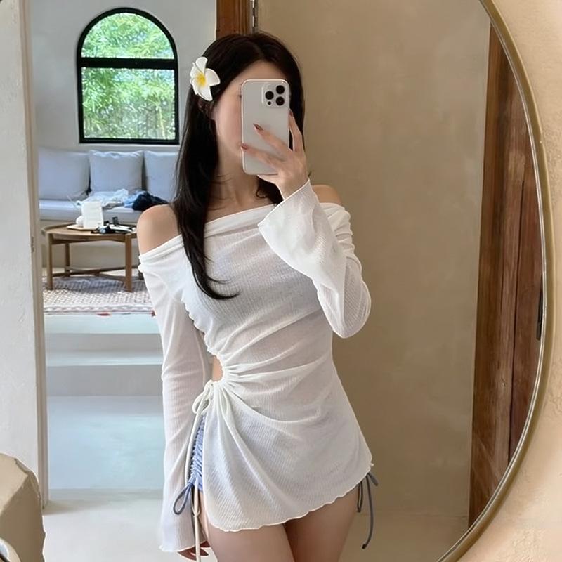13463318.泳衣女分体扎染蓝色平角比基尼罩衫三件套纯欲风遮肉显瘦保守度假