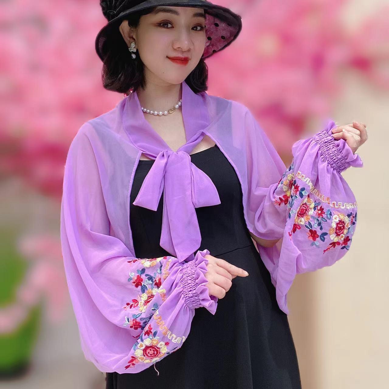13463929.夏季刺绣防晒衣女修身冰丝雪纺洋气开车空调房外搭披肩
