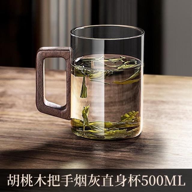 13454075.木把绿茶杯高硼硅玻璃茶杯男士办公室喝茶杯子胡桃木玻璃茶杯