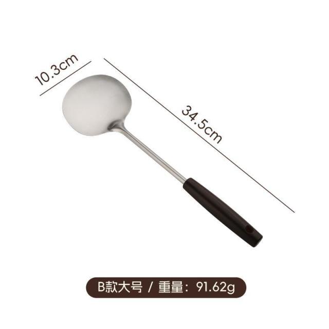 13454185.【3件装】木柄不锈钢蘑菇铲大小号家用厨房长柄防滑锅铲炒勺铁铲炒菜不粘锅