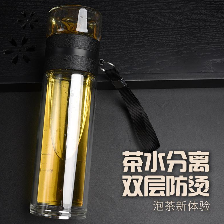 13453977.茶水分离双层玻璃杯加厚隔热泡茶个性便携创意玻璃杯