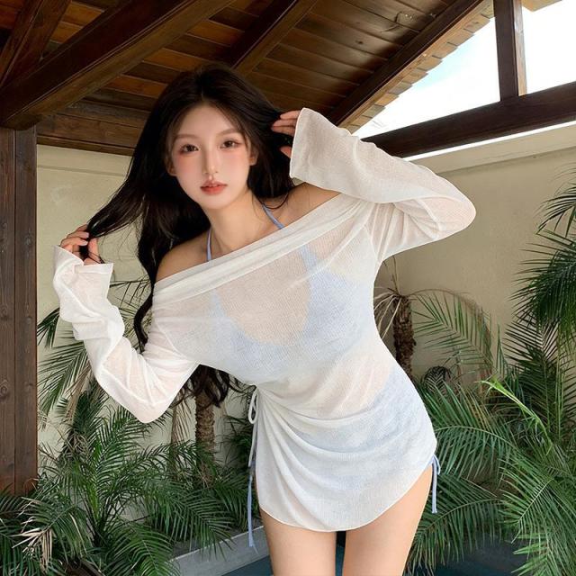 13463318.泳衣女分体扎染蓝色平角比基尼罩衫三件套纯欲风遮肉显瘦保守度假