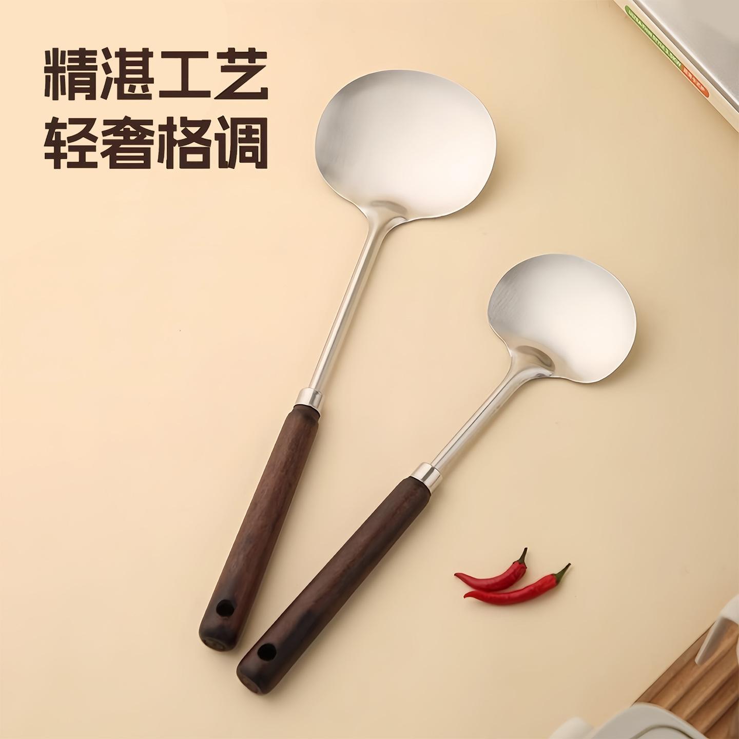 13454185.【3件装】木柄不锈钢蘑菇铲大小号家用厨房长柄防滑锅铲炒勺铁铲炒菜不粘锅
