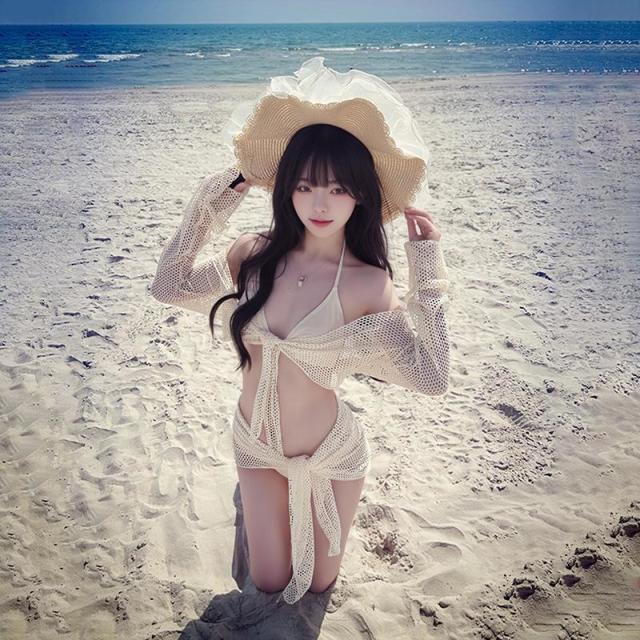 13463652.泳衣女夏季比基尼四件套性感聚拢遮肚显瘦感度假温泉