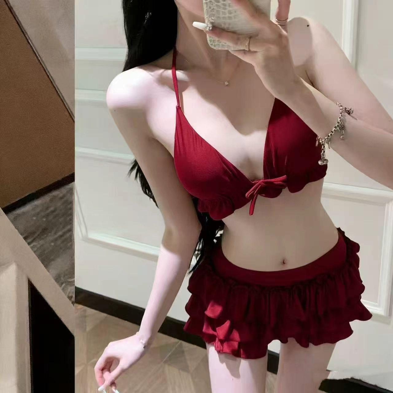 13463386.可爱少女蛋糕裙分体泳衣比基尼女甜辣小胸遮肉遮肚裙式温泉沙滩