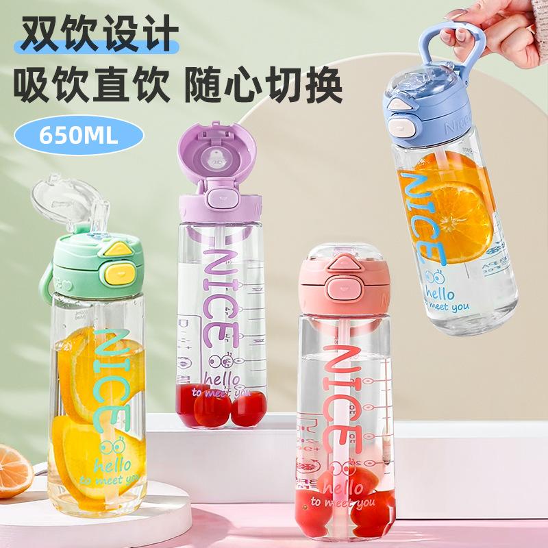 13457637.高颜值吸管水杯耐摔便携手提塑料杯双饮儿童杯食品级上学杯子