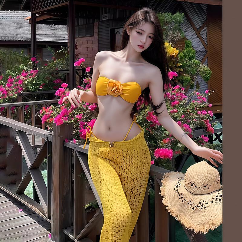 13463269.比基尼泳衣女绝美黄色分体性感长裙海岛度假风