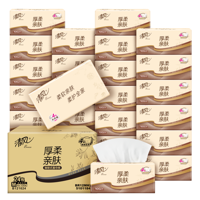 13323412.【升级必入款】清风纸巾原木纯品M码4层100抽24包整箱 金装家用实惠装纸抽餐巾纸卫生纸面巾纸
