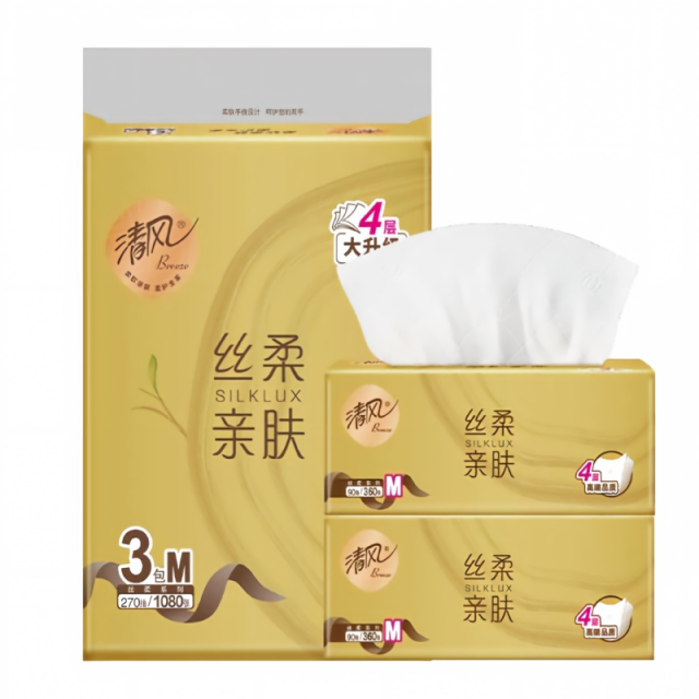 13659720.清风原木纯品丝柔金装抽纸4层加厚90抽3包家用餐巾纸巾纸