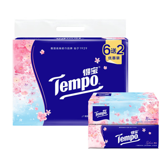 13700584.Tempo得宝抽纸四层加厚90抽M码8包家用餐巾纸樱花香味纸巾