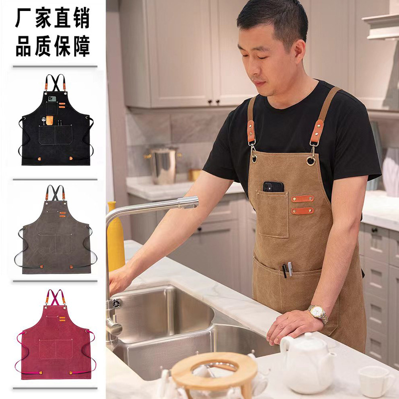 13530221.防水防油帆布围裙批发家用厨房咖啡店围腰园艺牛仔工作服