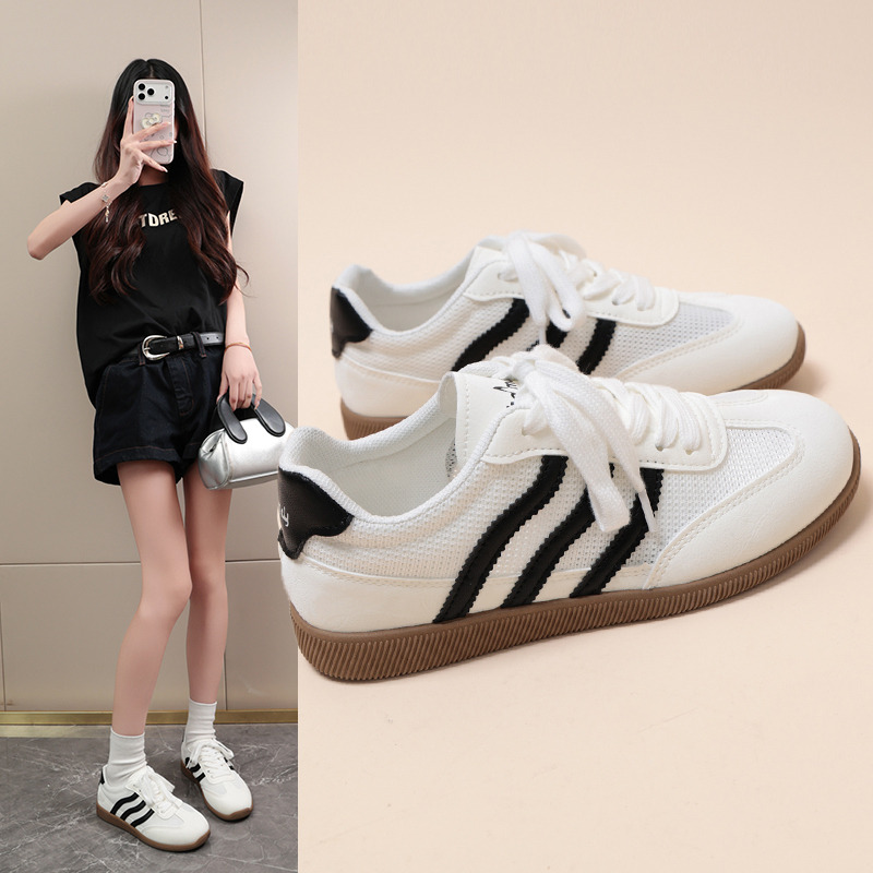 13449629.曼丽玲皮面 / 网面可选夏季透气德训鞋女 平底软底百搭休闲运动小白鞋