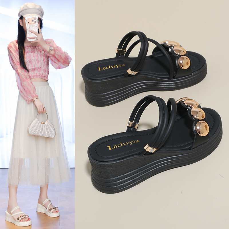 13523626.曼丽玲两穿金属扣厚底凉拖女 坡跟一字带凉鞋 夏季百搭沙滩鞋