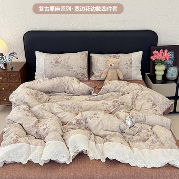 13758203.复古原麻水洗四件套 纯棉花边工艺 碎花被套 文艺田园风家用床品
