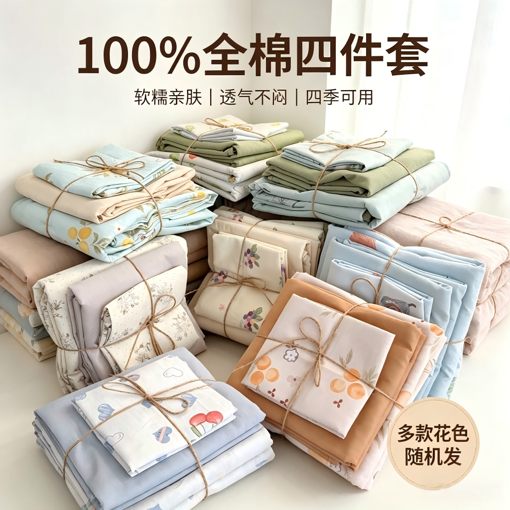 13769092.清仓特价 100% 纯棉四件套 软糯透气裸睡床品 夏不闷汗冬不凉 （多款花色随机发）