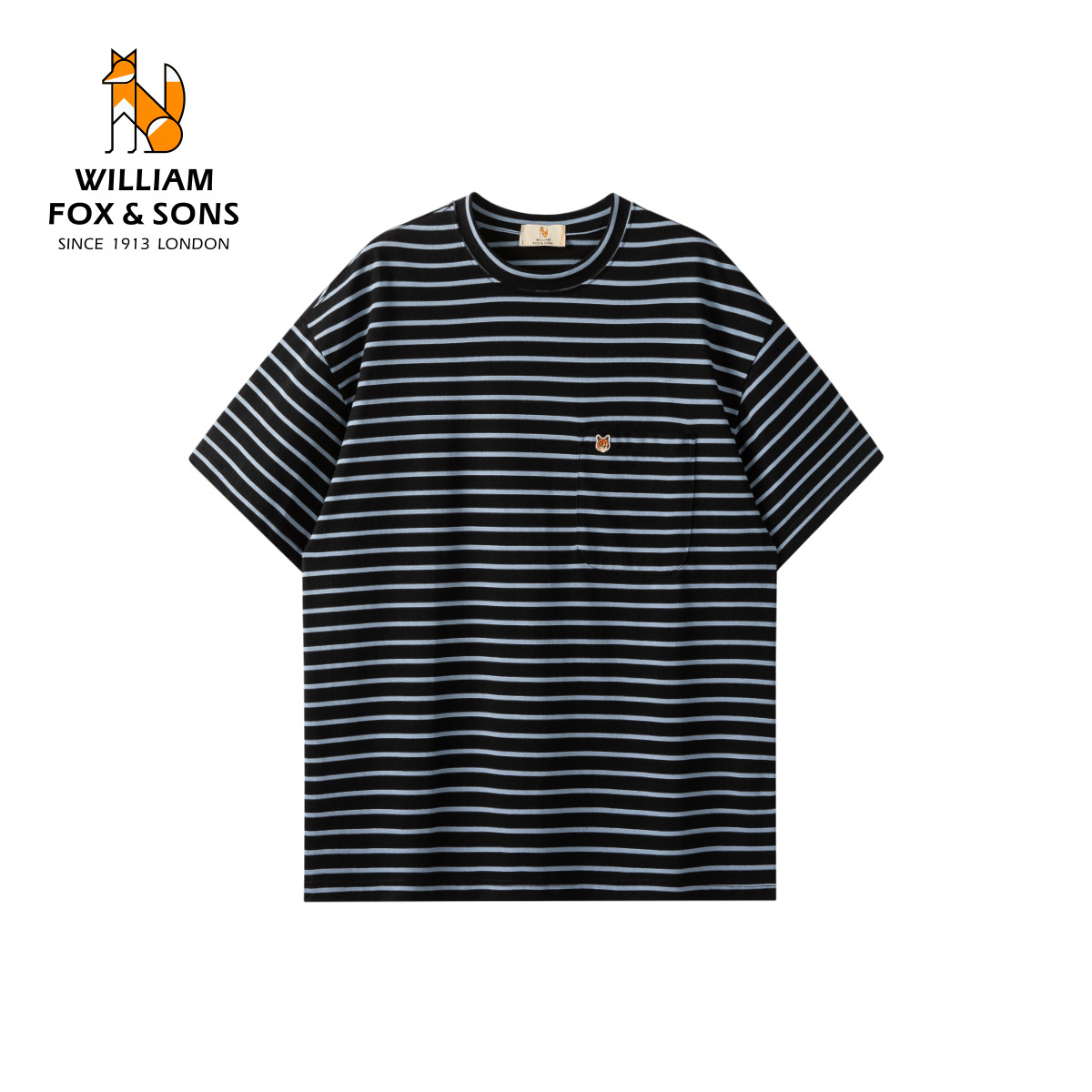 13414061.WILLIAM FOX&SONS 英国小狐狸 2026夏220g轻薄棉感黑蓝条纹贴袋休闲宽松短袖T恤透气