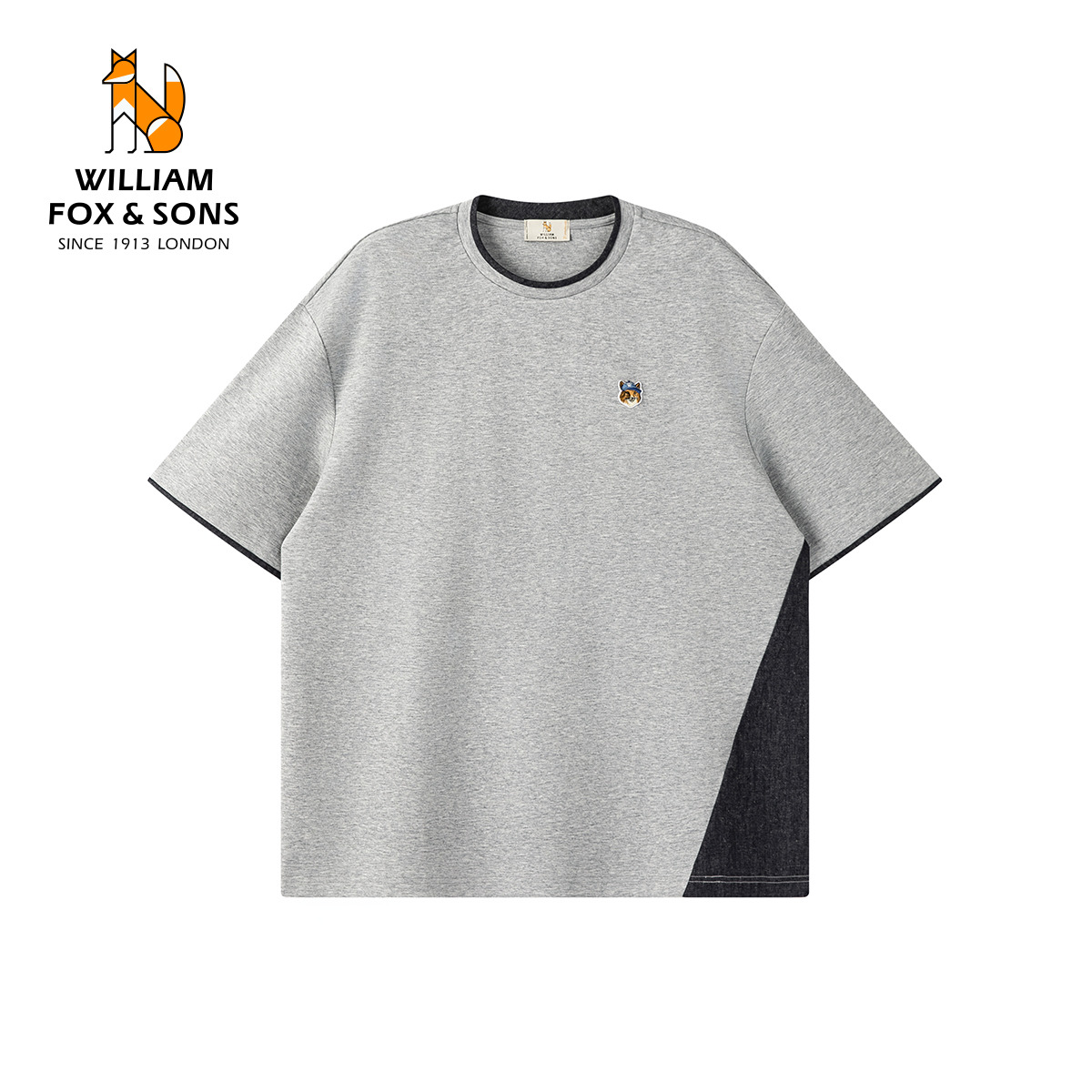 13414104.WILLIAM FOX&SONS 英国小狐狸 2026夏季时装设计感撞色亚麻丹宁牛仔拼接宽松短袖T恤