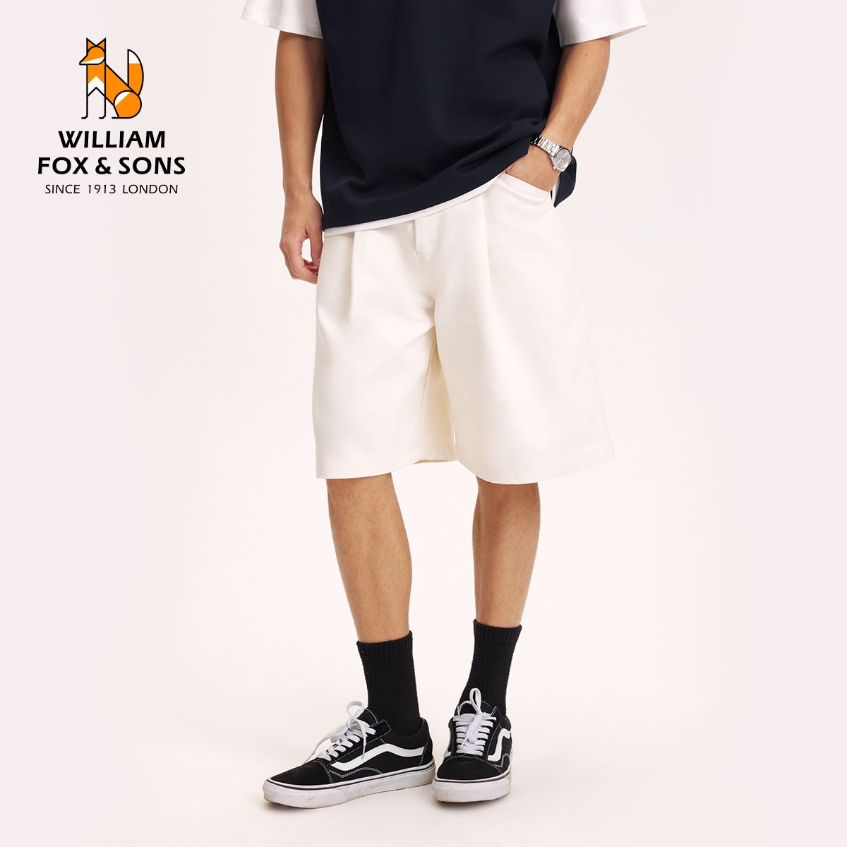 13417709.WILLIAM FOX&SONS ‘Studios设计师款’英国小狐狸26夏时装立体压褶过膝牛仔短裤男