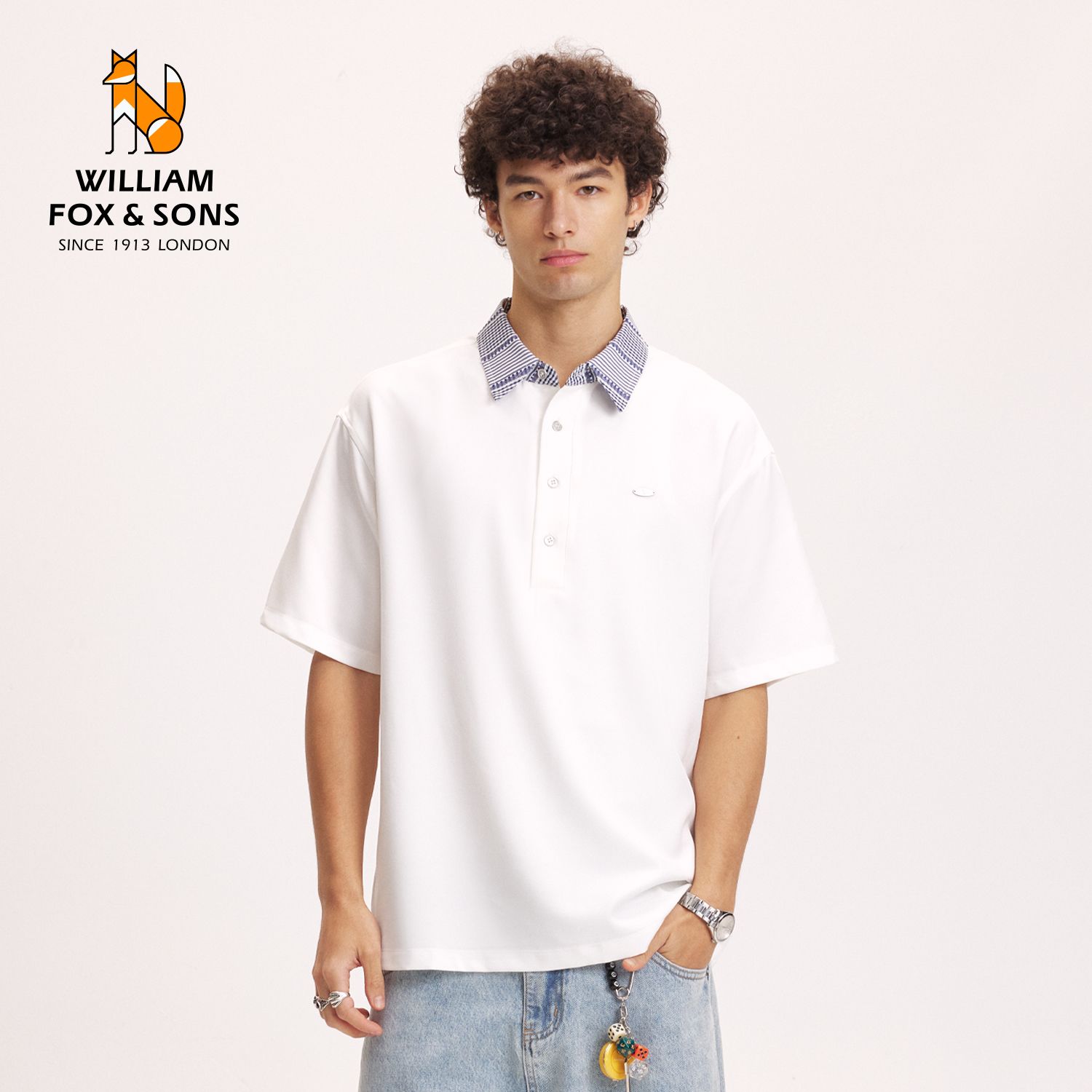 13418001.WILLIAM FOX&SONS 英国小狐狸 2026夏季‘海盐青空’撞色格纹清新少年感短袖POLO衫男