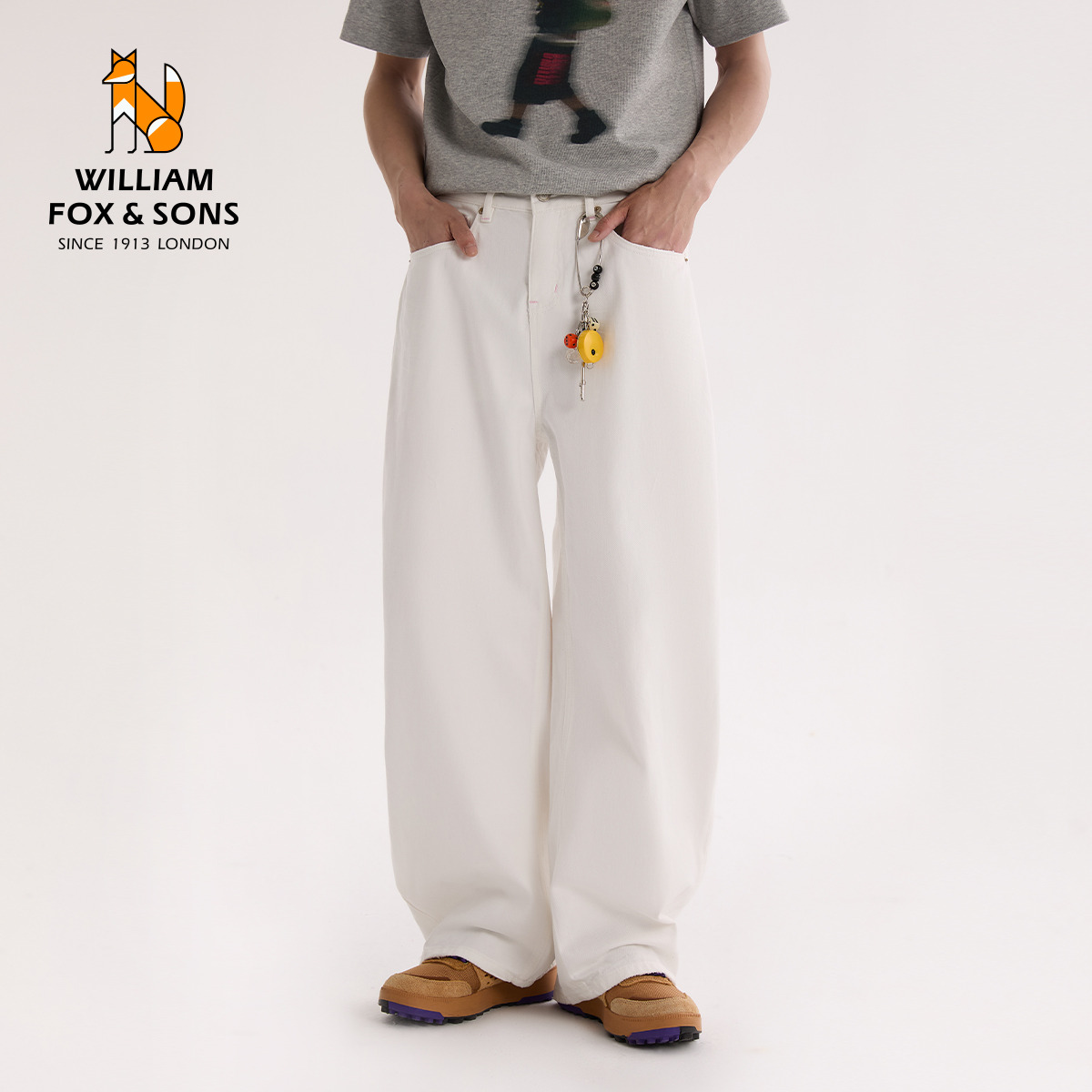 13454205.WILLIAM FOX&SONS 威廉福克斯 26年夏季Baggy风小众设计冰蓝色棉感做旧阔腿弯刀牛仔裤