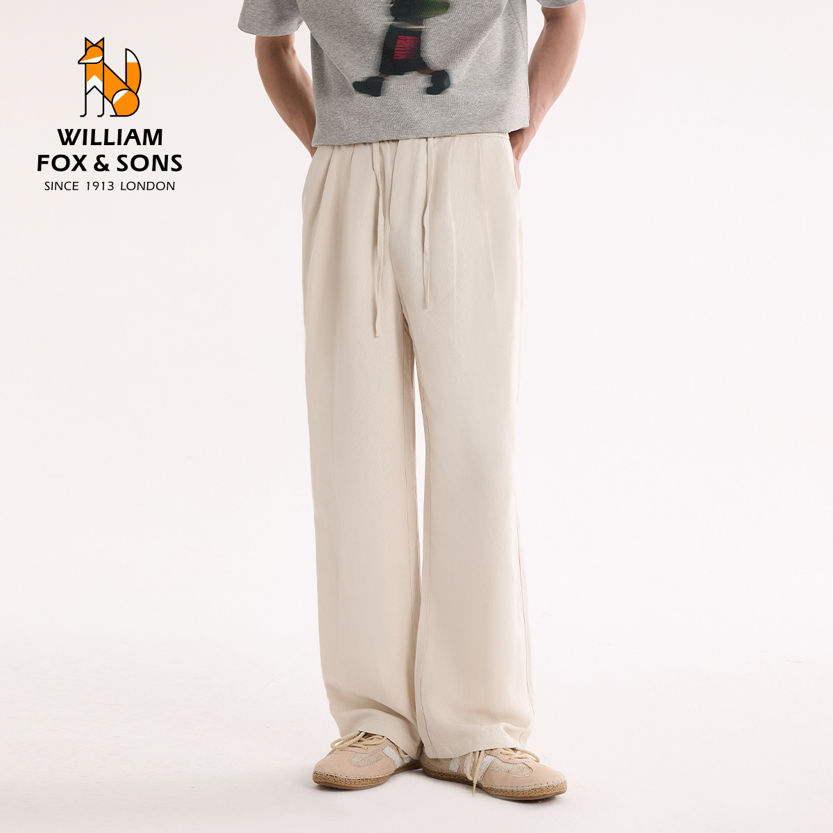 13598811.WILLIAM FOX&SONS 26年亚麻混纺垂顺复古面料宽松直筒松紧腰收褶设计抽绳松弛感老钱风休闲裤