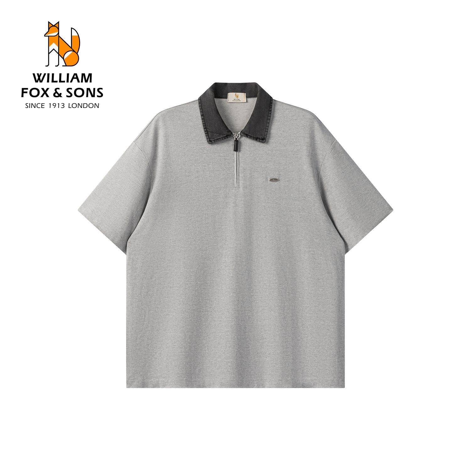 13600206.WILLIAM FOX&SONS 英国小狐狸 2年夏季做旧撞色水洗牛仔翻领半拉链设计休闲POLO衫男