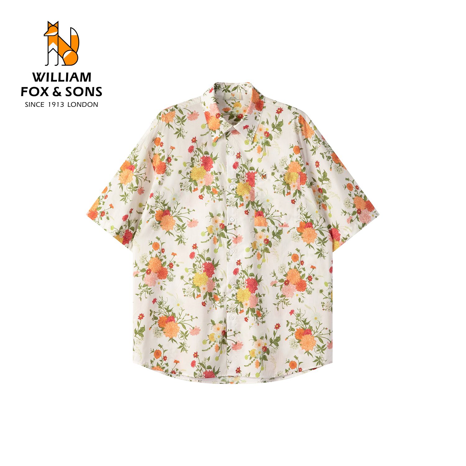 13600296.WILLIAM FOX&SONS 英国小狐狸 ‘花影漫夏’度假风100%棉短袖印花衬衫26夏季透气衬衣