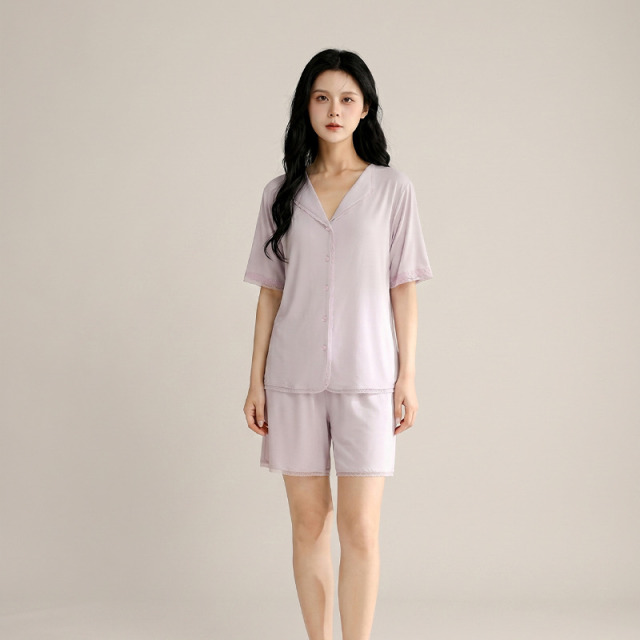 13537430.樱蔓云莱赛尔睡衣女V领凉感弹力柔软女士睡衣薄款家居服套装可外穿夏季
