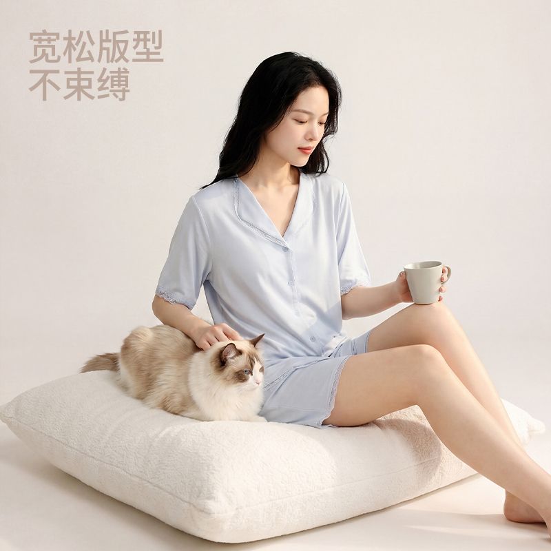 13537430.樱蔓云莱赛尔睡衣女V领凉感弹力柔软女士睡衣薄款家居服套装可外穿夏季