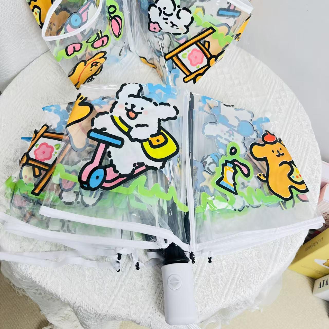 13669790.透明小狗雨伞三折伞全自动直柄伞可爱折叠儿童成人动漫女