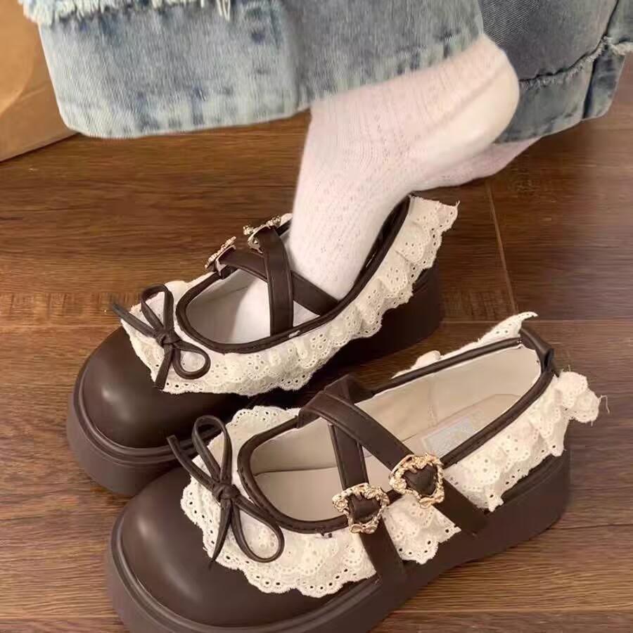 13377751.粉色厚底蝴蝶结花边小皮鞋女春季配裙子法式玛丽珍单鞋