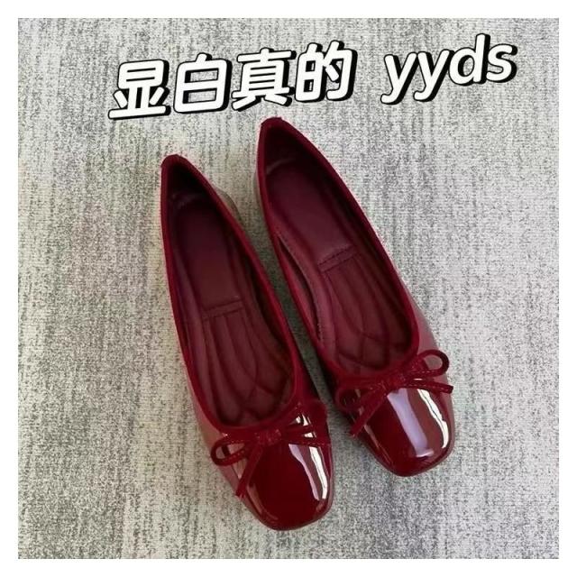13377664.软皮浅口单鞋软底平底方头法式蝴蝶结红色女鞋晚晚奶奶鞋