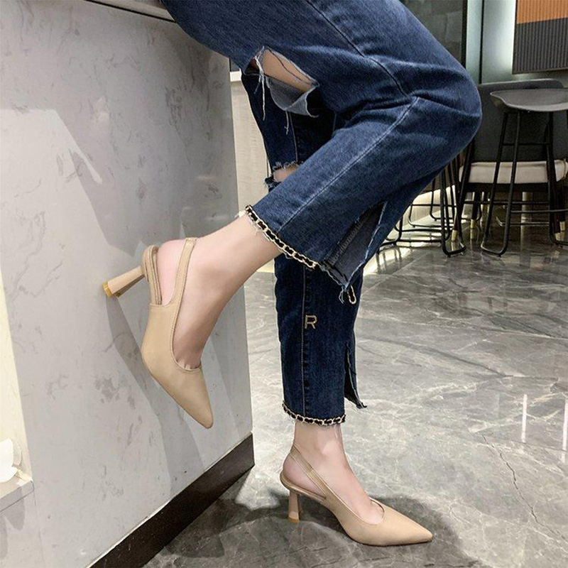 13380214.春夏季尖头高跟鞋女细跟包头凉鞋后空浅口单鞋女